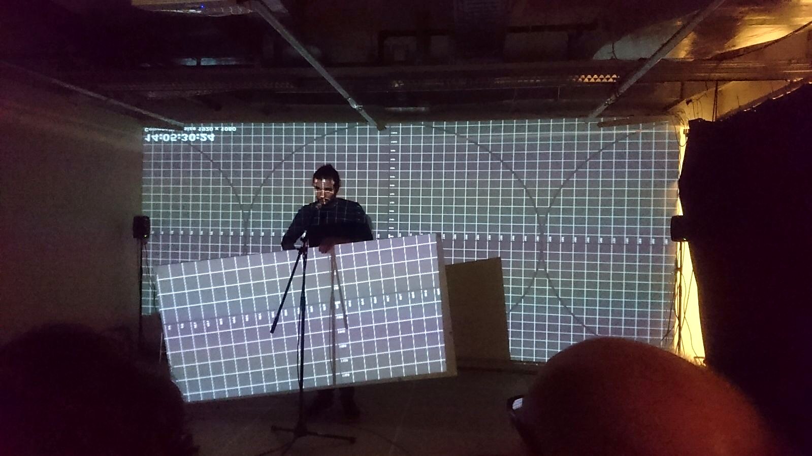 Tracked projection screen showing a calibration grid during the symposium