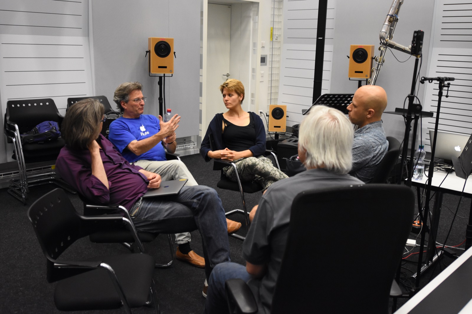 The team gathered in the studio during the spatial audio test session.