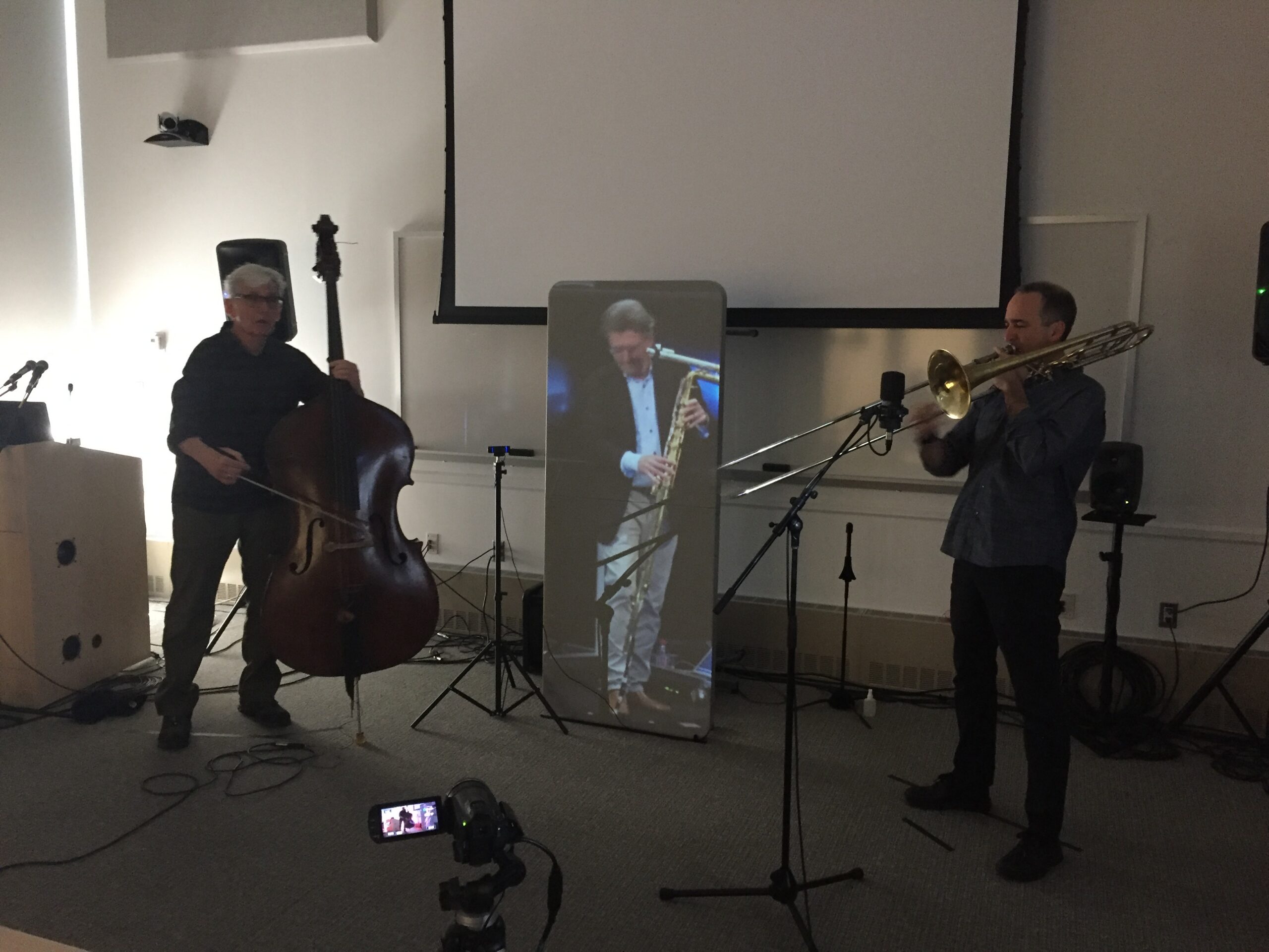 Mark Dresser on double bass and Michael Dessen on trombone perform with Matthias Ziegler joining telematically from Zurich