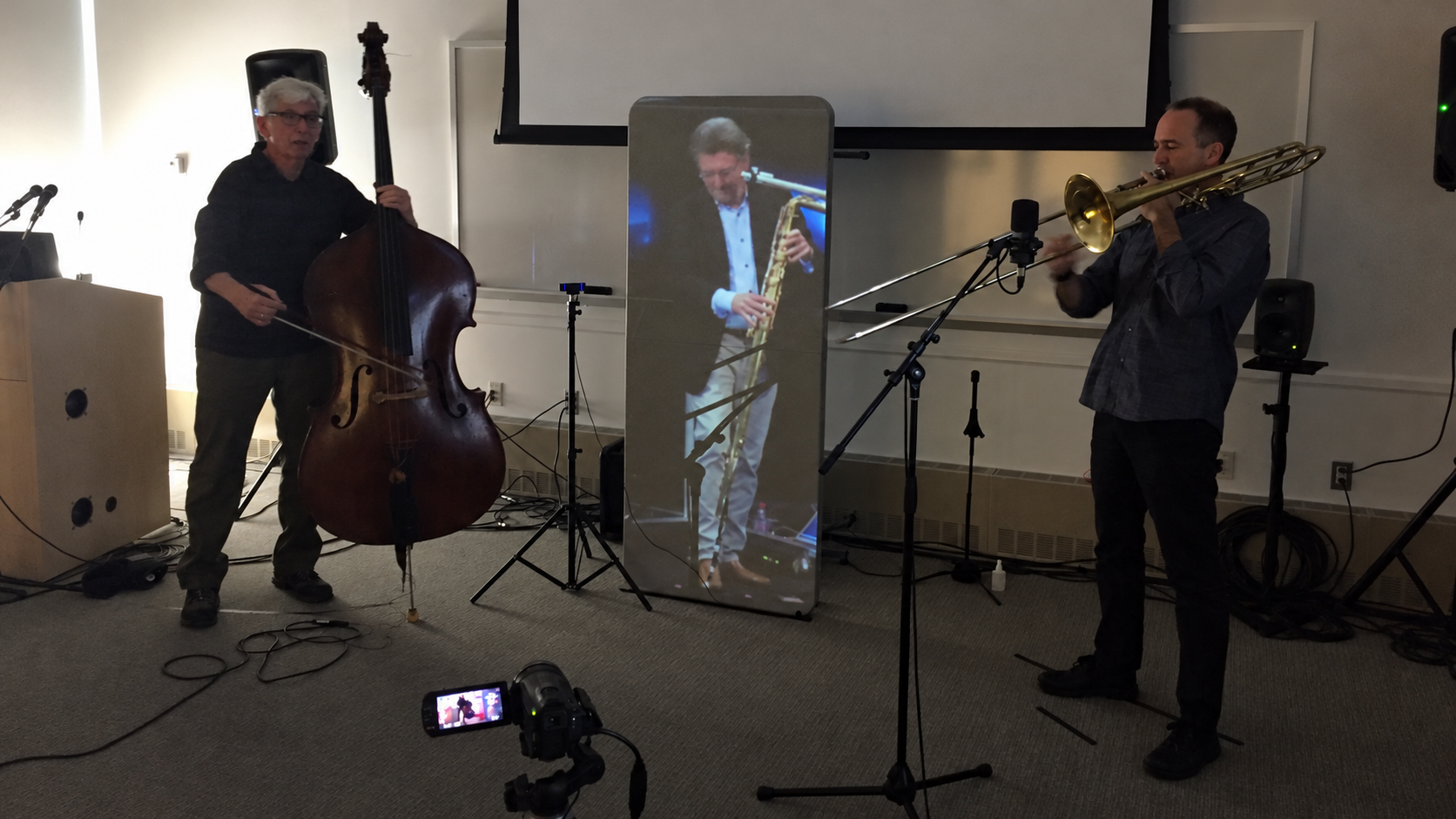 Mark Dresser and Michael Dessen at Stony Brook University with Matthias Ziegler joining telematically from Zurich.